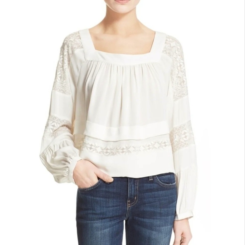 Rebecca Taylor 100% Silk Cream Embroidered Peasant Boho Blouse Sz2 Romantic